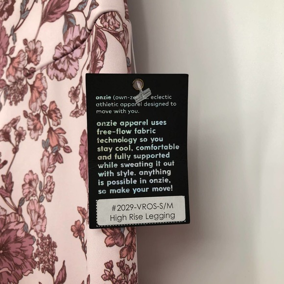 New Onzie Pink Floral Leggings Womens Small Medium High Rise Blush - Picture 7 of 7